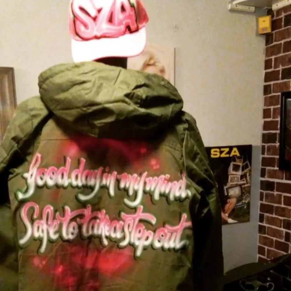 Airbrushed jacket and hat / with SZA lyrics